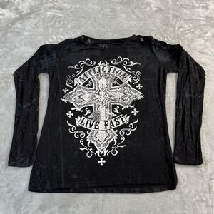 Affliction Shirt Womens Large Black Live Fast Cross Biker Lace Long Sleeve Top